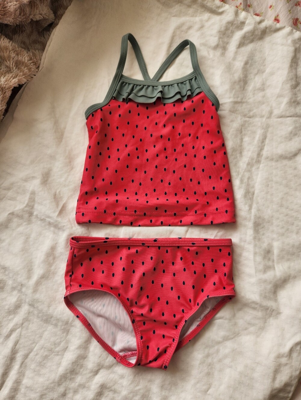 Girls Watermelon Print Tankini Set - Pink and Green 12 Mo.